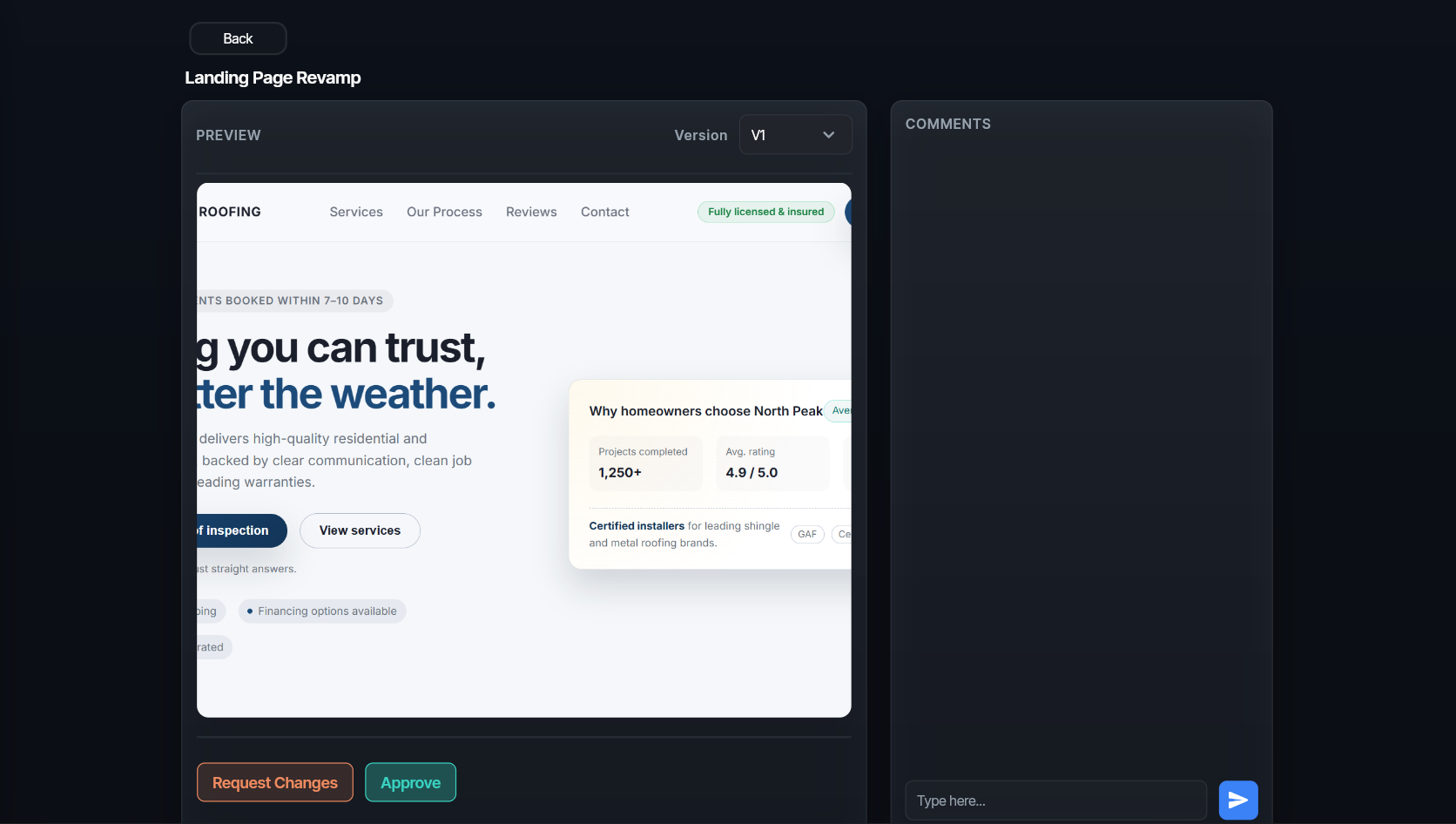 Client Approve single deliverable view with feedback and approvals